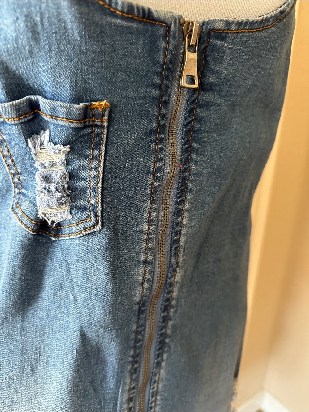 Denim Jumper Dress - Juniors Size Large- Zipper Front/ Distressed Blue Stretchy - Picture 15 of 15